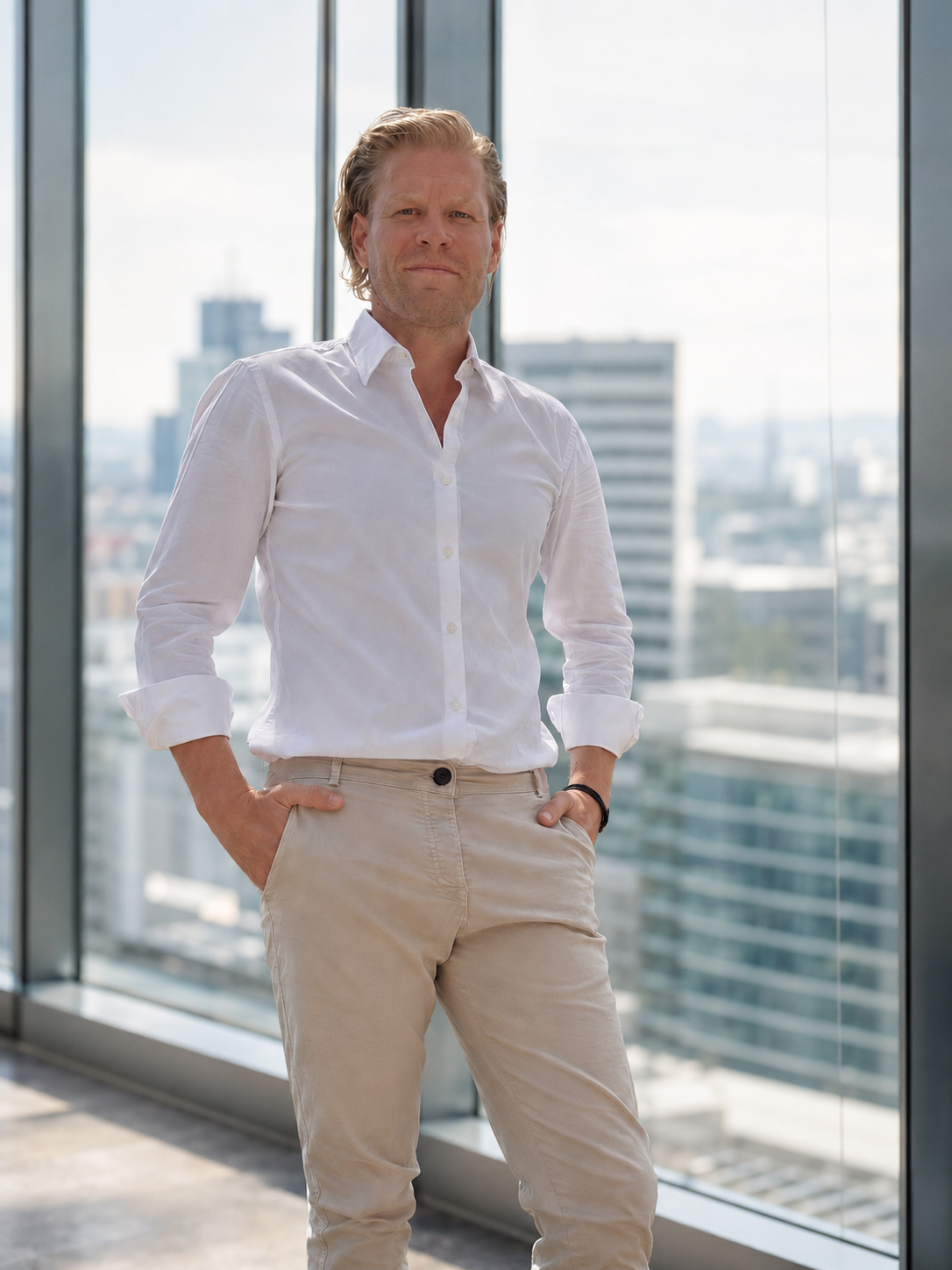 Benjamin Chavel-Schenk standing by a window with a city skyline behind him